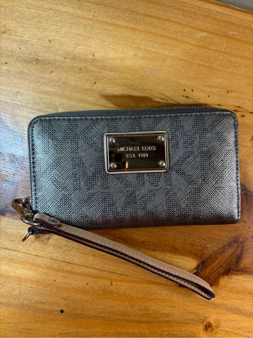Michael Kors Pewter Saffiano Leather Zip Wristlet